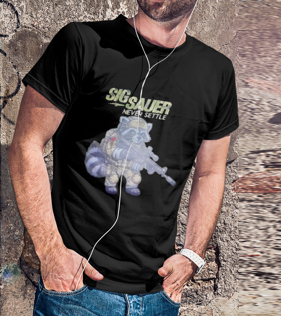 Raccoon Soldier Sig Sauer Never Settle Tactical Gear T-Shirt