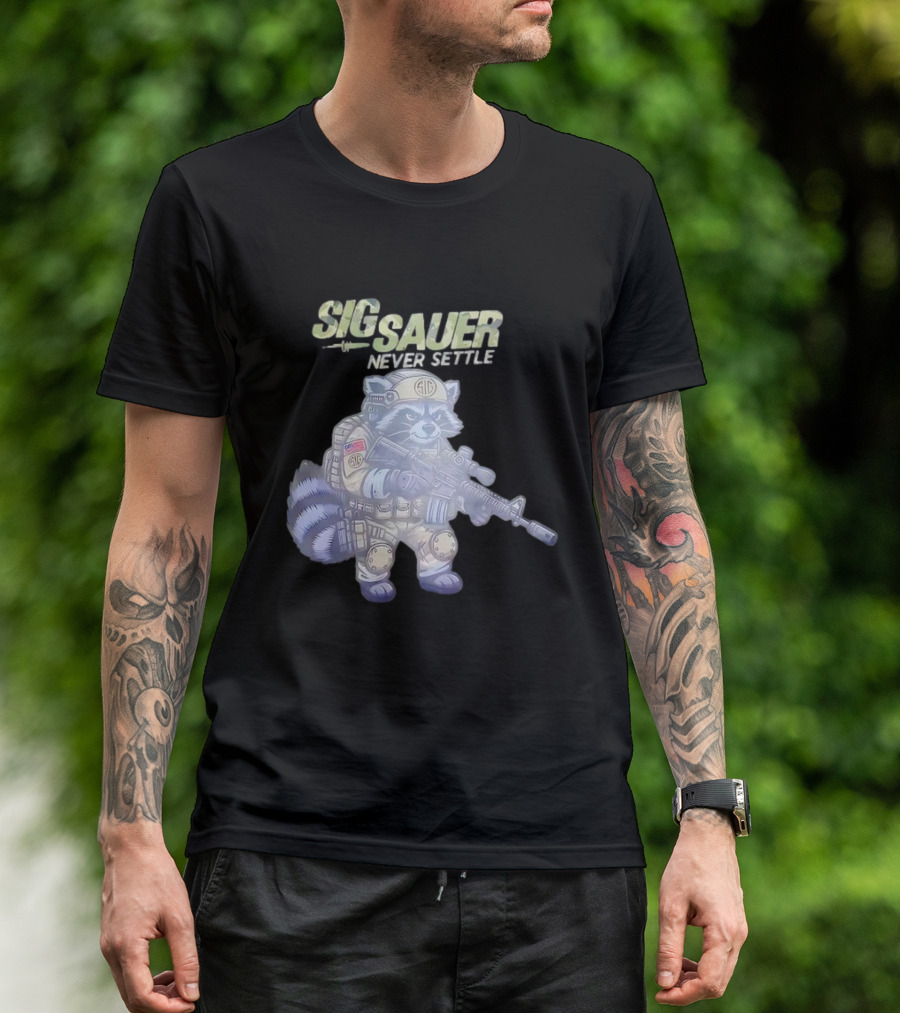 Raccoon Soldier Sig Sauer Never Settle Tactical Gear T-Shirt