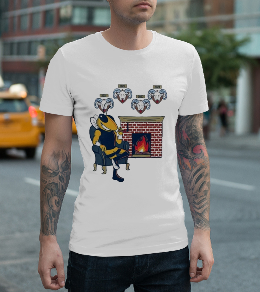 GT Mantel Pocket Yellow Jacket by Fireplace with Ram Trophies T-Shirt