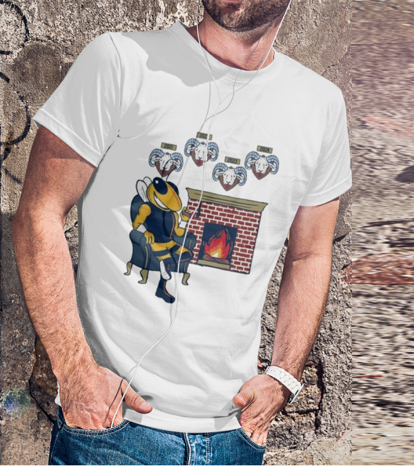 GT Mantel Pocket Yellow Jacket By Fireplace With Ram Trophies T-Shirt