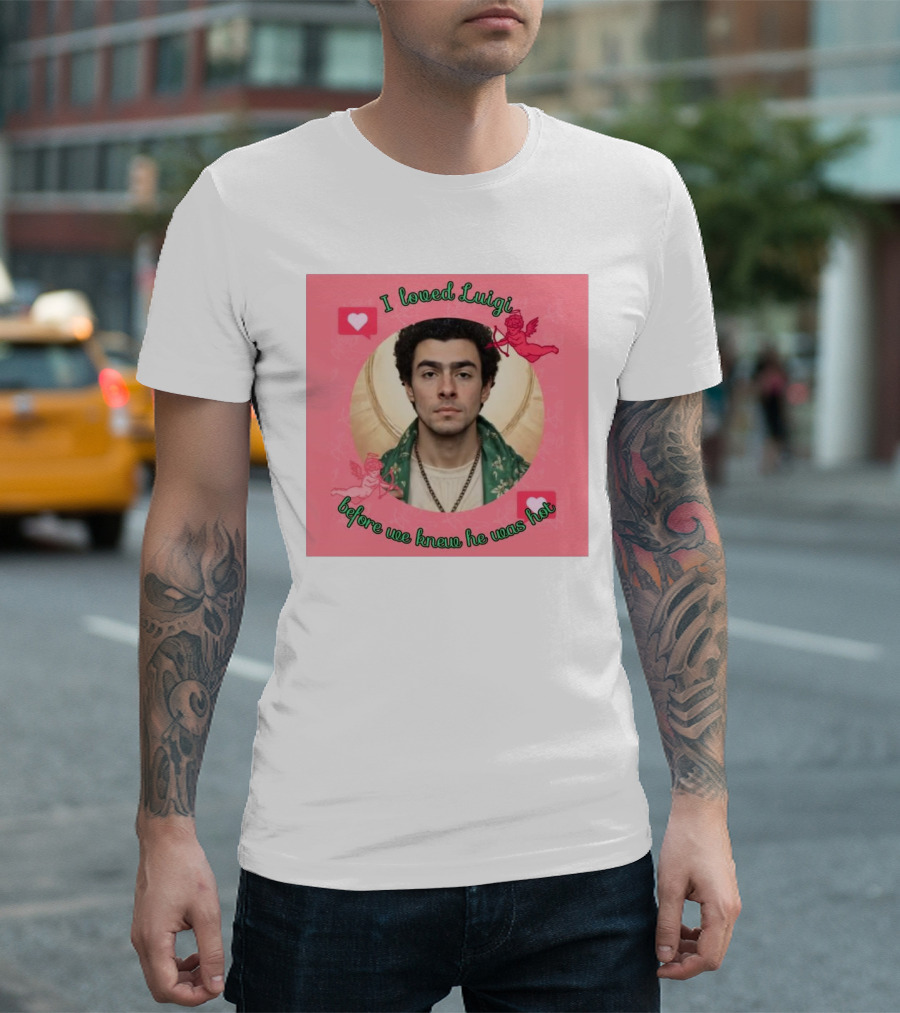 I Loved Luigi Before We Knew He Was Hot Pink Background Heart and Cupid Design T-Shirt