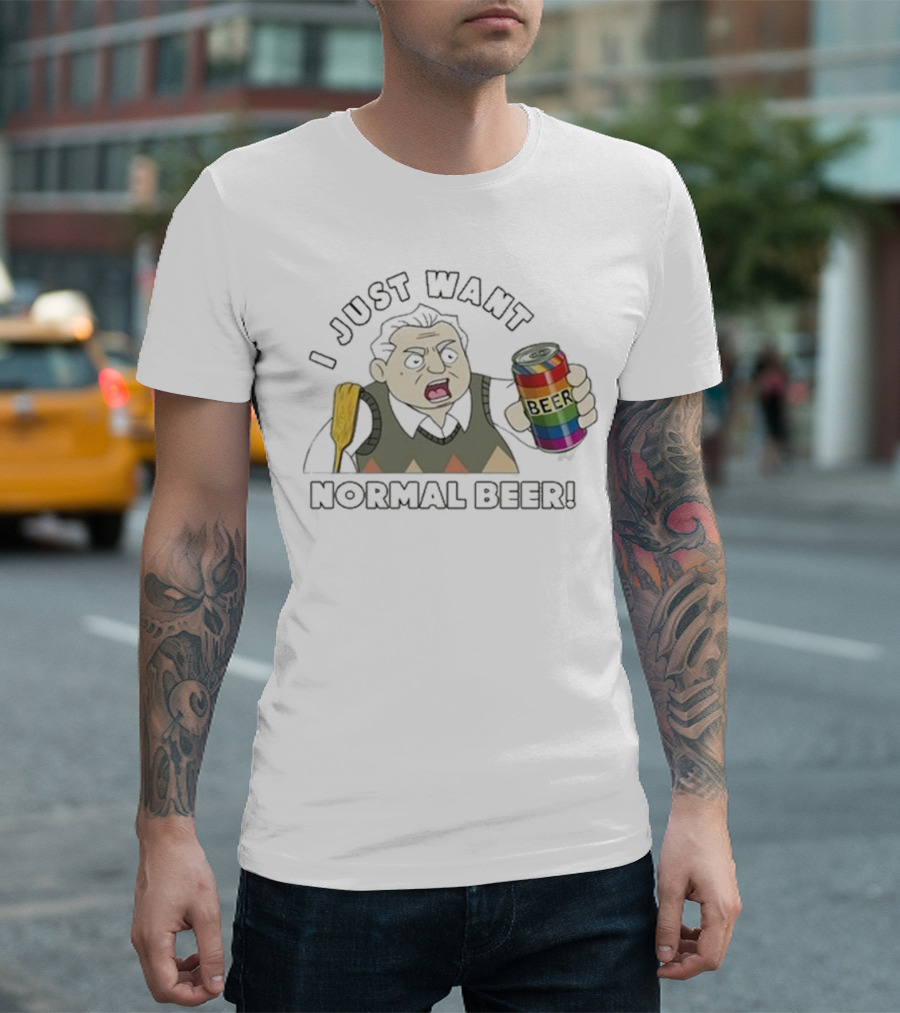 I Just Want Normal Beer Funny Cartoon Holding Rainbow Can T-Shirt