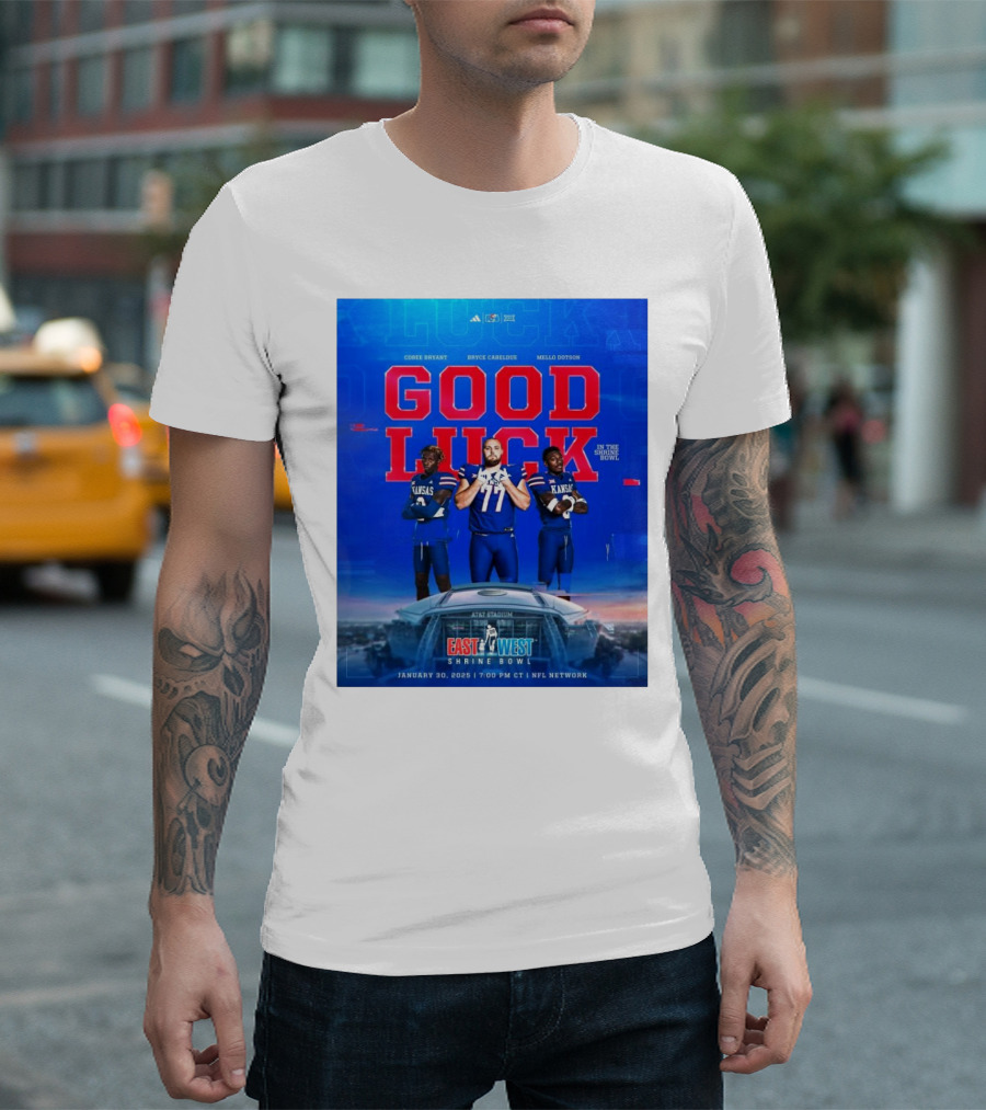 Kansas Jayhawks Cobee Bryant Bryce Cabeldue Mello Dotson Good Luck In The Shrine Bowl January 30 2025 East West NFL Network T-Shirt