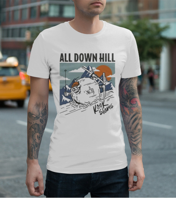 Kook Slams All Down Hill Skiing Adventure Orange Sunset Rugged Mountains T-Shirt
