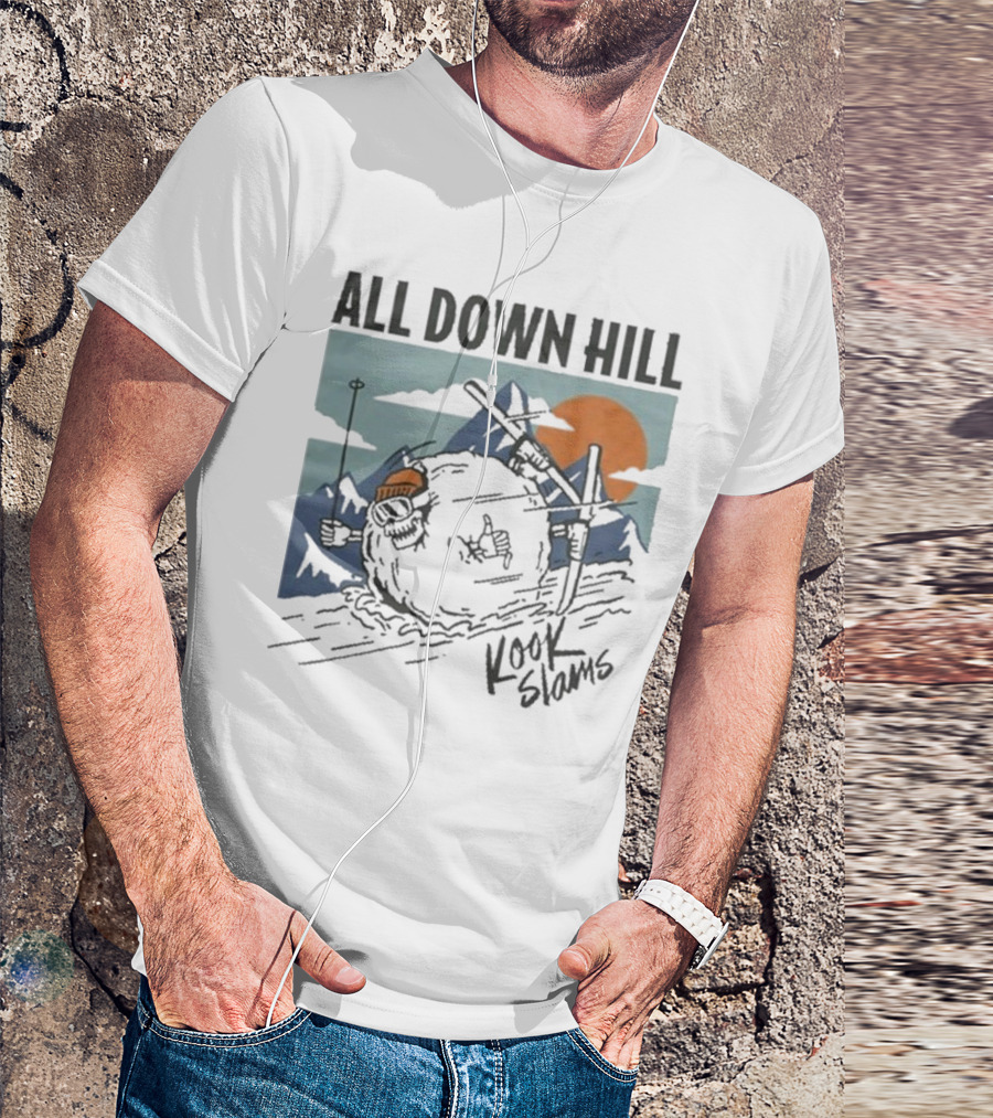 Kook Slams All Down Hill Skiing Adventure Orange Sunset Rugged Mountains T-Shirt