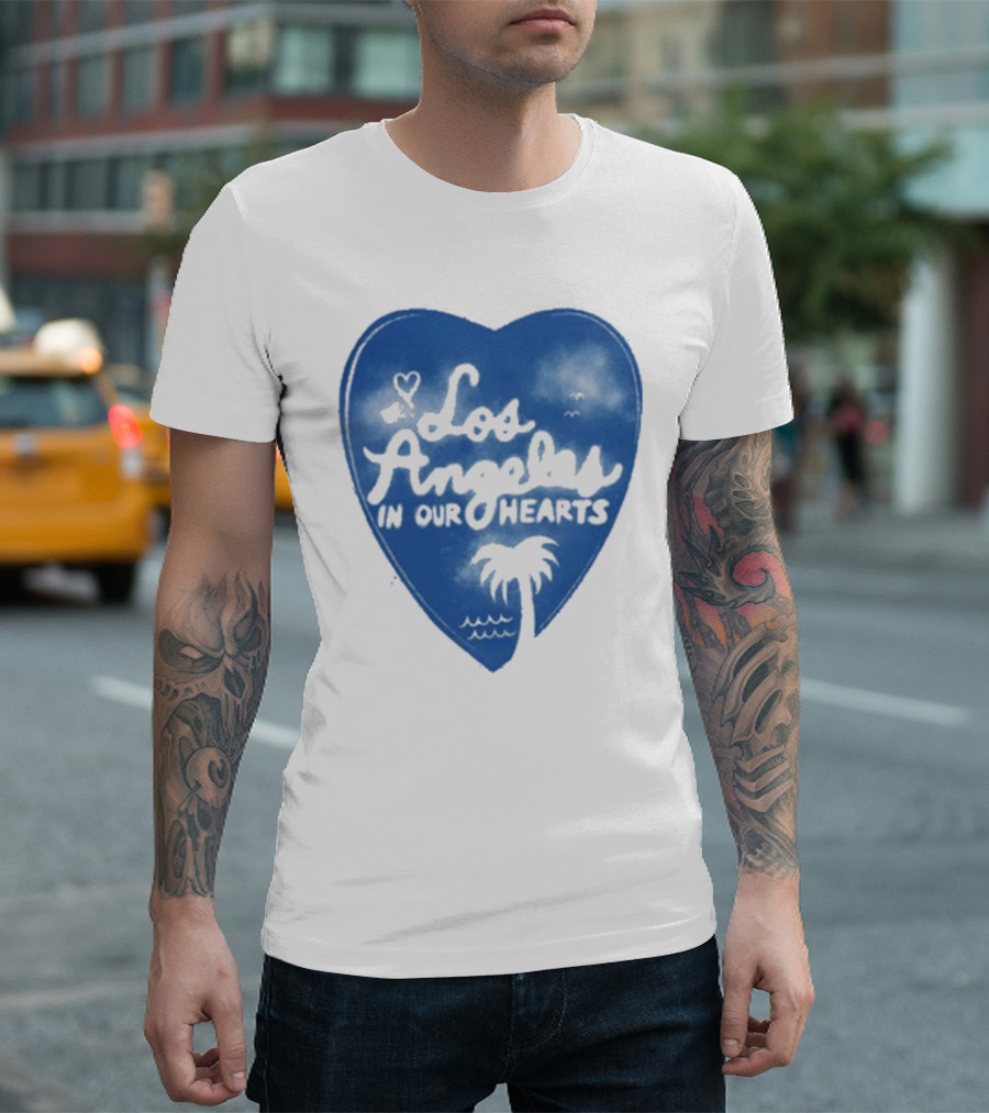 Los Angeles in Our Hearts Blue Heart with Palm Tree T-Shirt