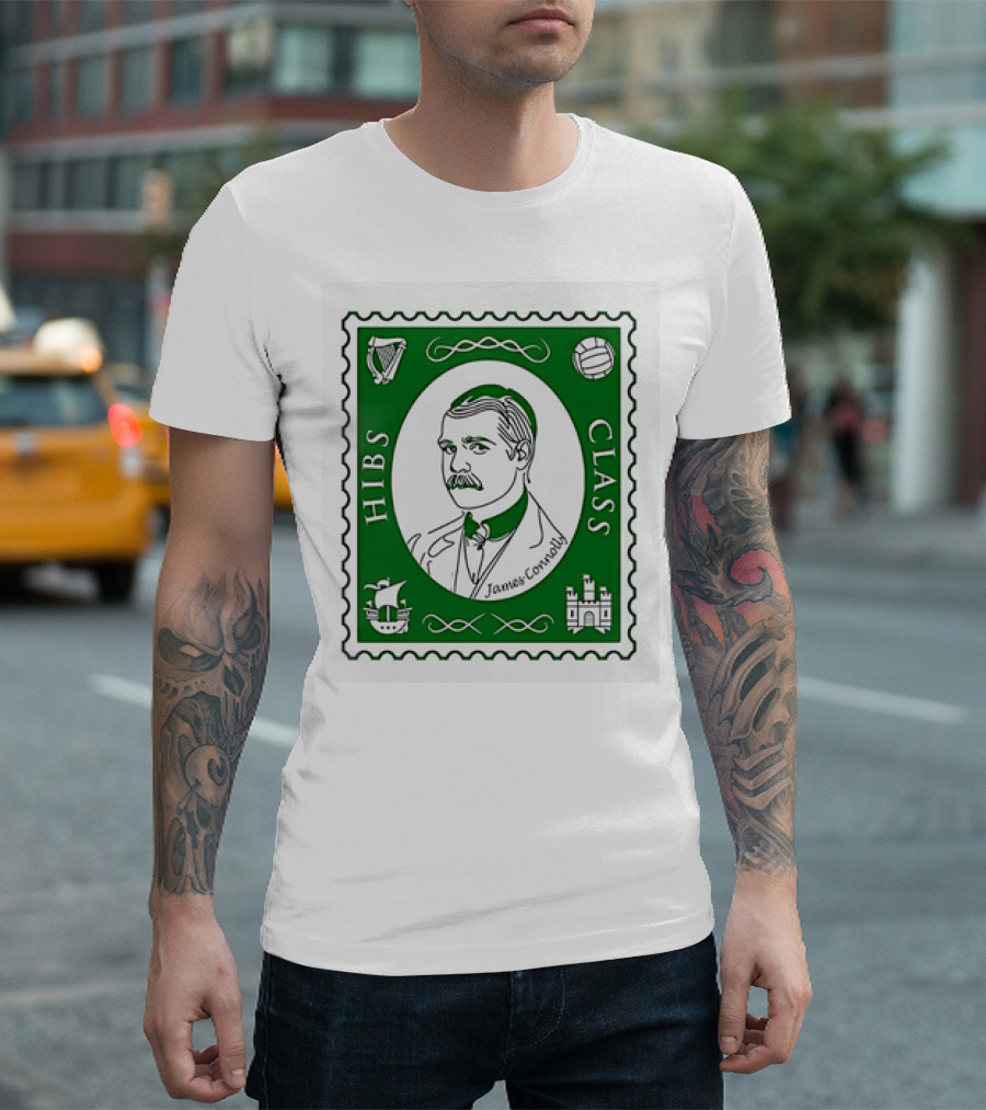 James Connolly Hibs Class Stamp with Harp, Ball, Ship, Castle Symbols T-Shirt