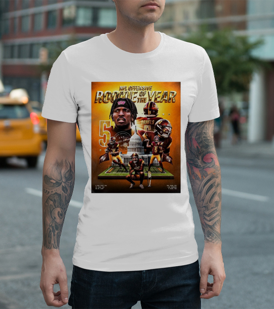 NFL Offensive Rookie of the Year Jayden Daniels Washington Commanders 1,568 Pass YDs 14 Games 6 Rush TDs T-Shirt