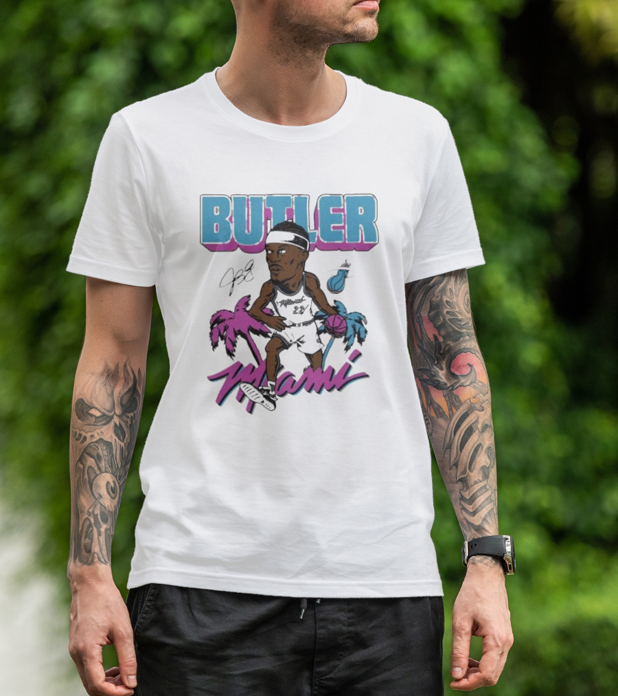 Butler Miami Basketball Caricature With Palm Trees And Flaming Ball T-Shirt