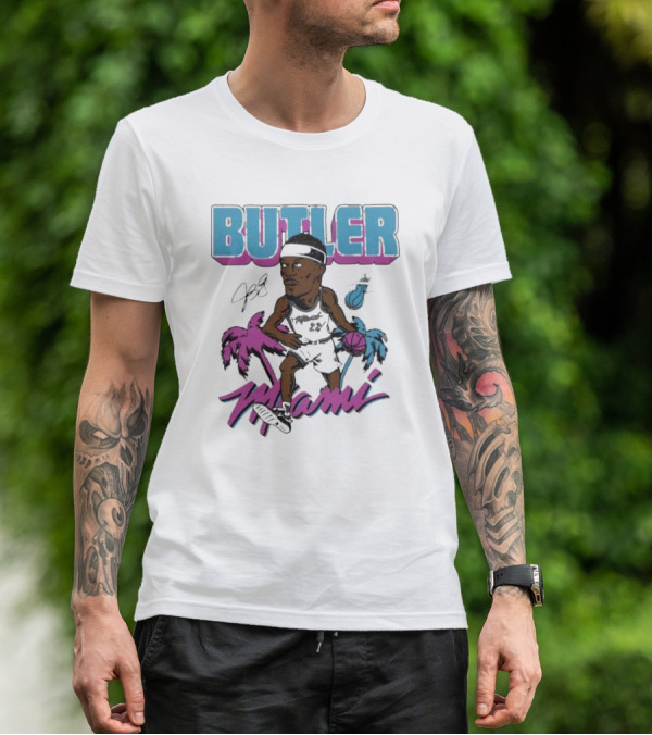 Butler Miami Basketball Caricature With Palm Trees And Flaming Ball T-Shirt