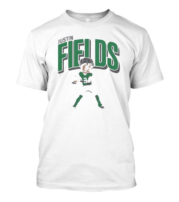 Justin Fields Caricature Greens And Grays Dynamic Pose T-Shirt