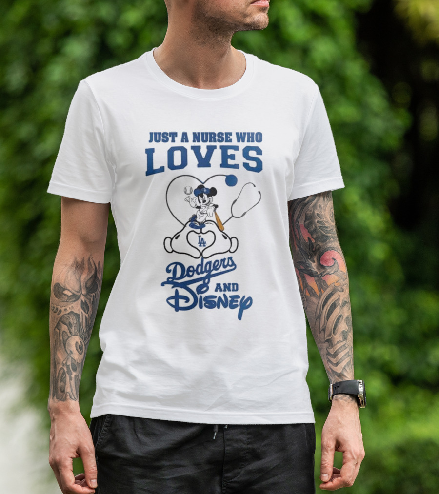 Just A Nurse Who Loves Dodgers And Disney Mickey Mouse Baseball T-Shirt