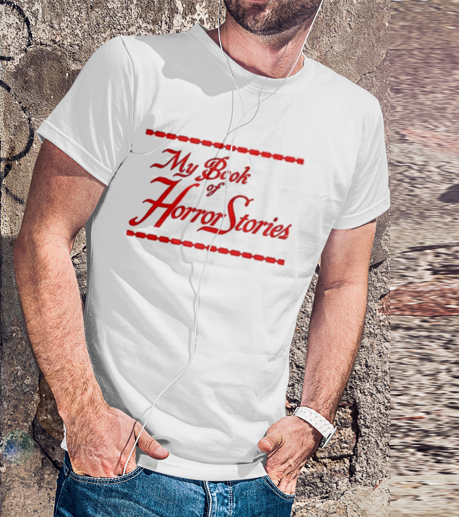 My Book Of Horror Stories Red Gothic Text With Chain Border T-Shirt