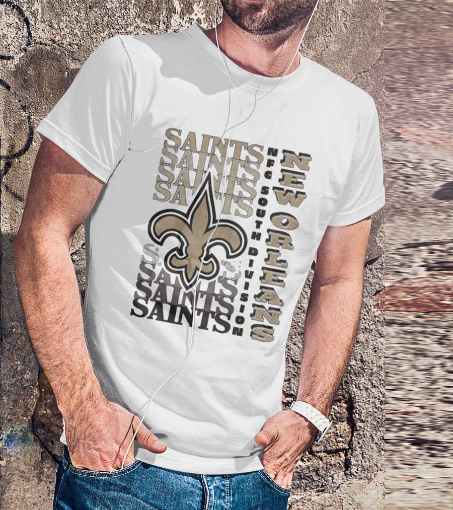 New Orleans Saints NFC South Division Fleur-de-Lis Saints Text Pattern T-Shirt