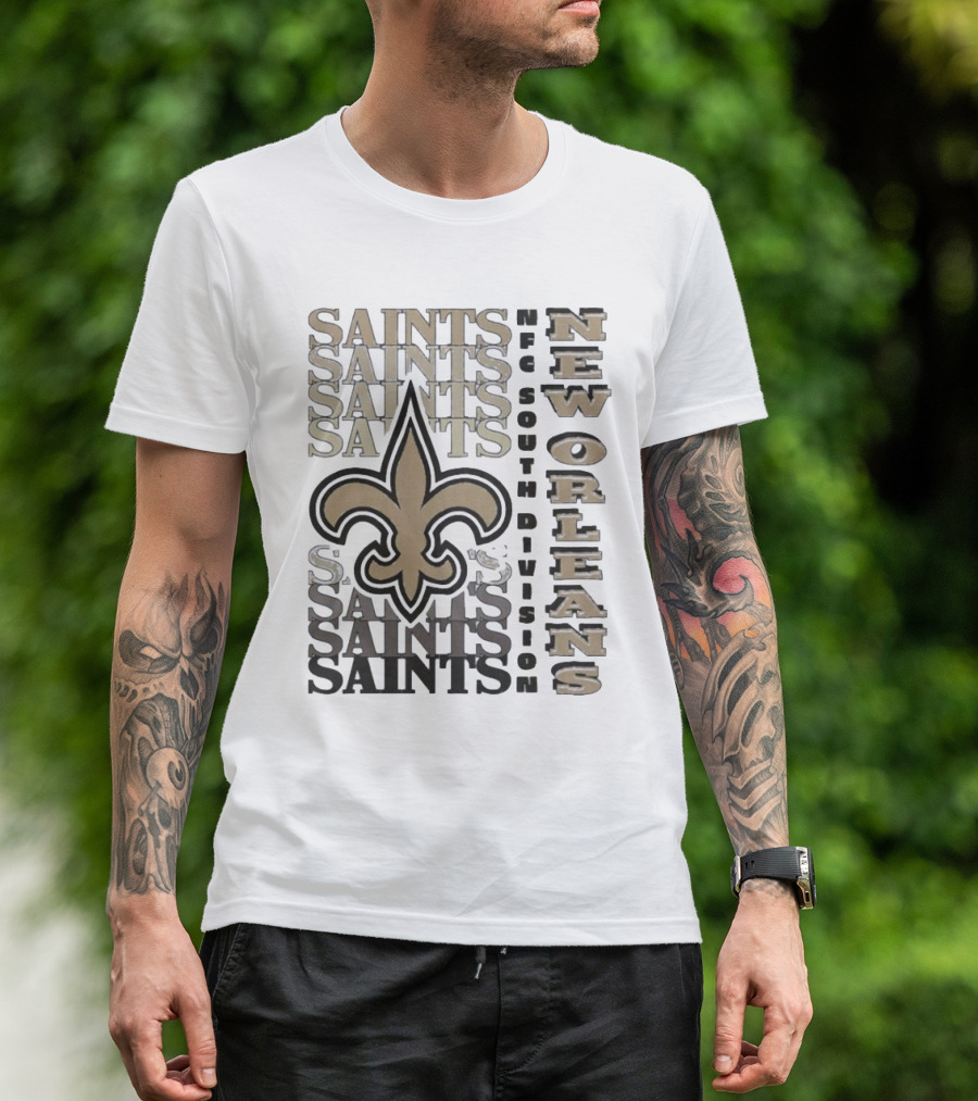 New Orleans Saints NFC South Division Fleur-de-Lis Saints Text Pattern T-Shirt