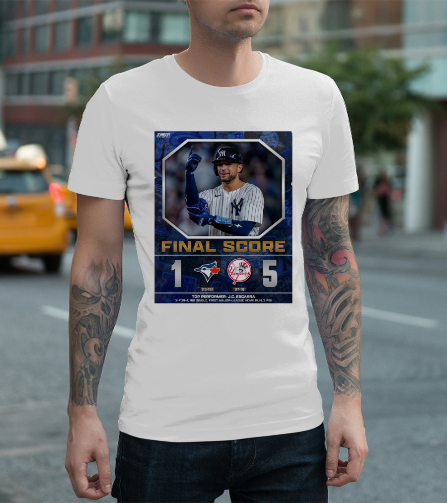Toronto Blue Jays 1 New York Yankees 5 Final Score Top Performer J.C. Escarra 2-for-4 RBI Single First Major-League Home Run 2 RBI T-Shirt