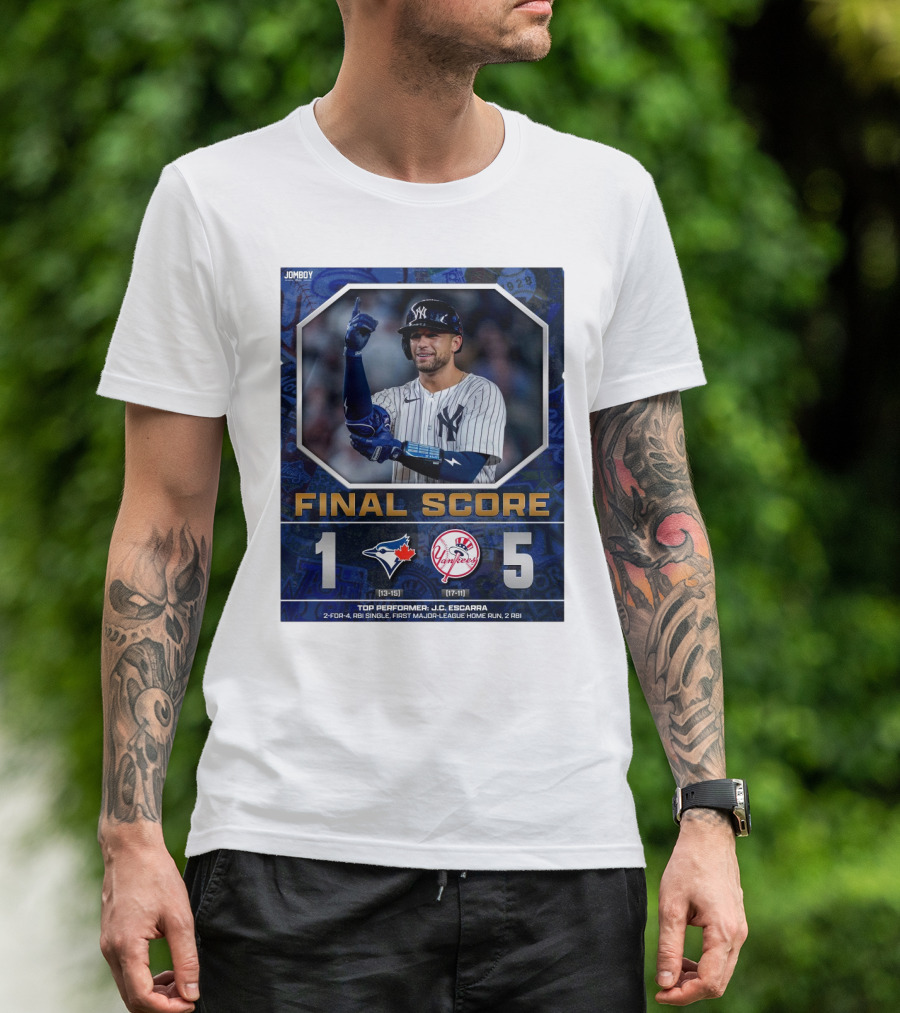 Toronto Blue Jays 1 New York Yankees 5 Final Score Top Performer J.C. Escarra 2-for-4 RBI Single First Major-League Home Run 2 RBI T-Shirt