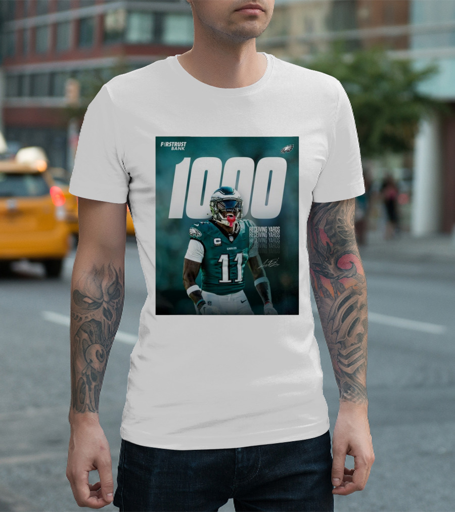 Philadelphia Eagles A.J. Brown 1000 Receiving Yards Signature Fly Eagles Fly NFL T-Shirt