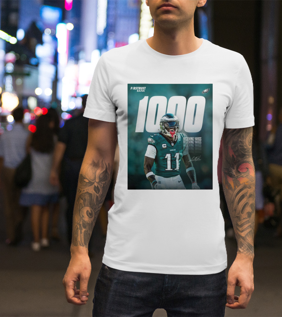 Philadelphia Eagles A.J. Brown 1000 Receiving Yards Signature Fly Eagles Fly NFL T-Shirt