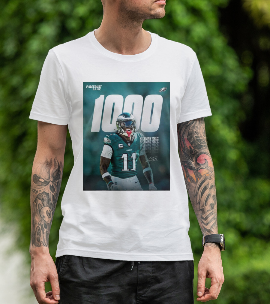 Philadelphia Eagles A.J. Brown 1000 Receiving Yards Signature Fly Eagles Fly NFL T-Shirt