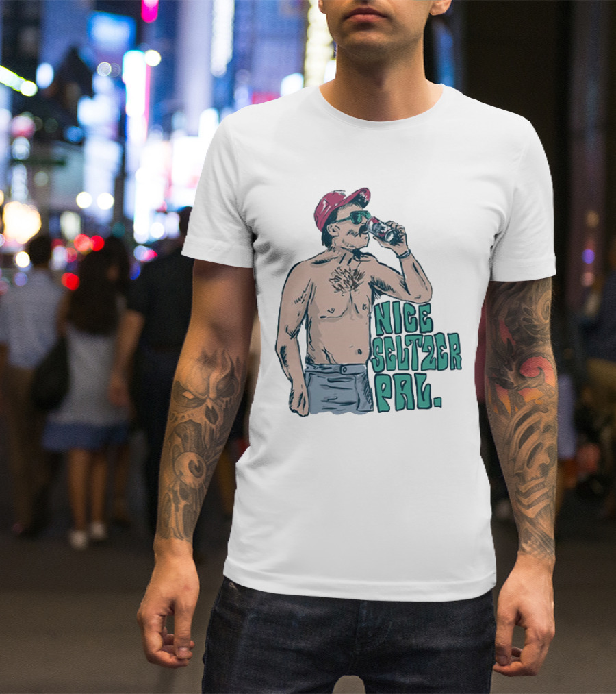 Nice Seltzer Pal 4.0 Cartoon Graphic Of Less Man In Cap And Sunglasses With Drink T-Shirt