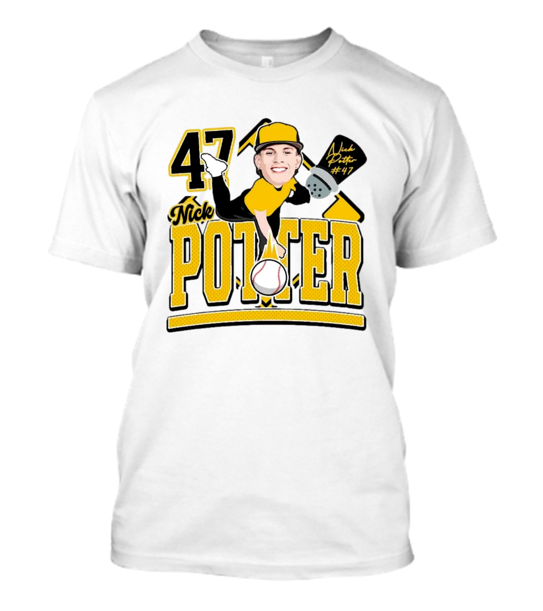 Nick Potter 47 Baseball Illustration With Character In Yellow And Black T-Shirt