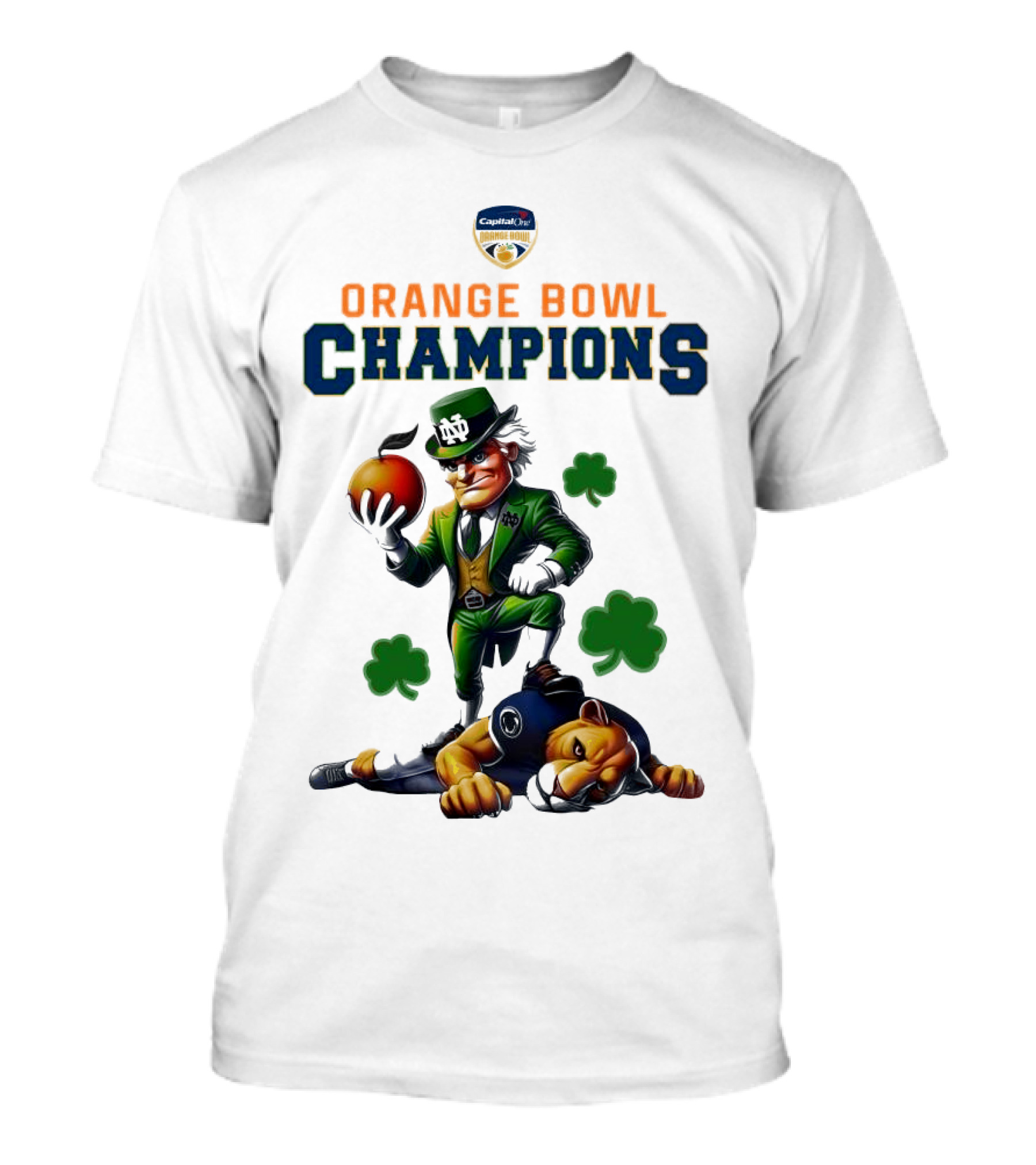 Notre Dame Fighting Irish 2025 Orange Bowl Champions Mascot Celebration Shamrocks T-Shirt