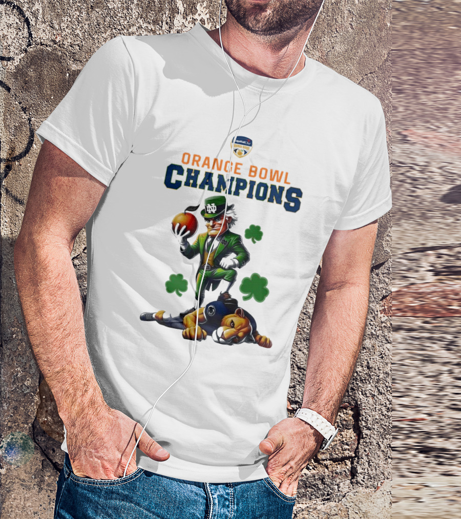 Notre Dame Fighting Irish 2025 Orange Bowl Champions Mascot Celebration Shamrocks T-Shirt