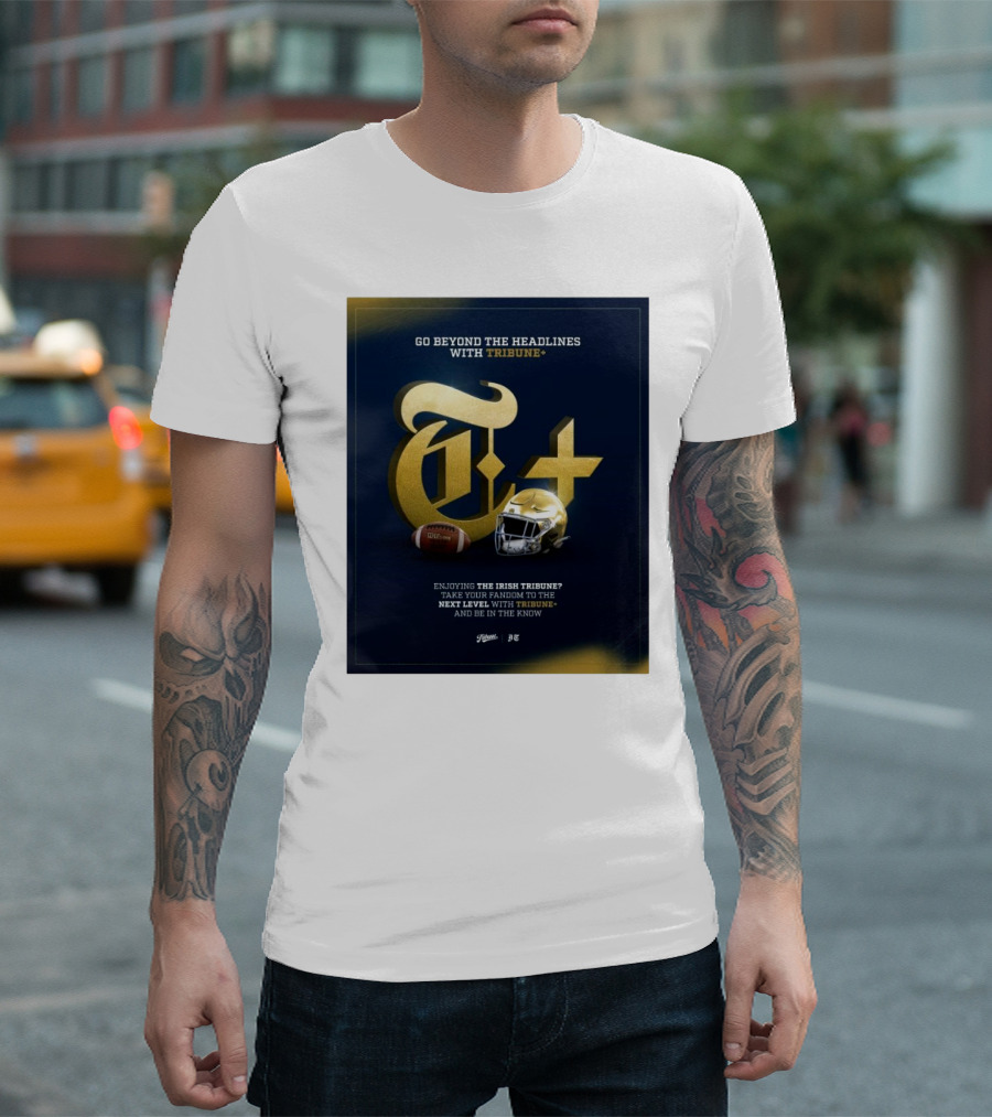 Notre Dame Fighting Irish Tribune+ Go Beyond The Headlines Football Helmet T-Shirt