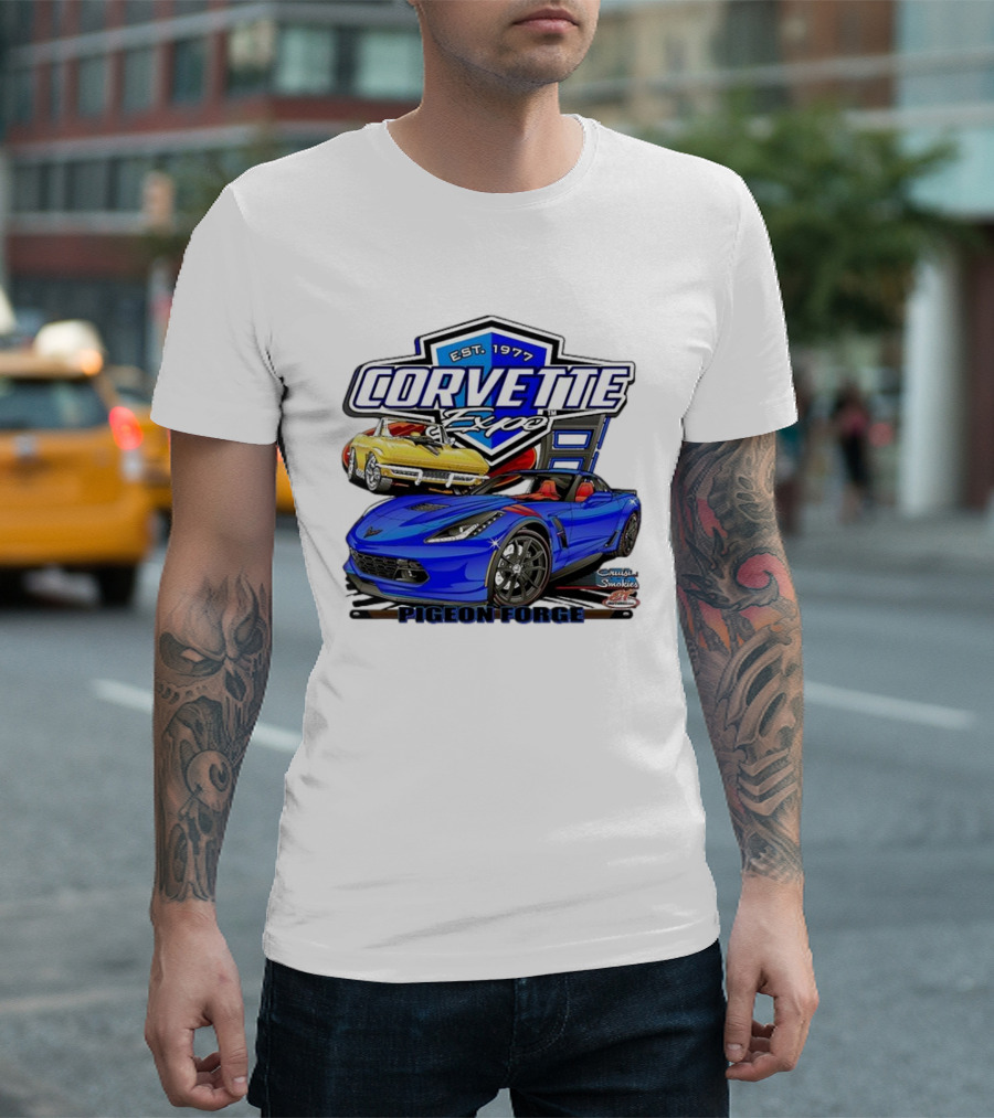 Corvette Expo Pigeon Forge 1977 Blue And Yellow Cars Cruise The Smokies T-Shirt