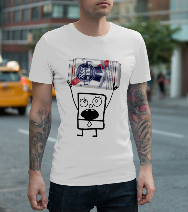 Pabst Blue Ribbon Doodlebob SpongeBob SquarePants Canned Beer Character T-Shirt