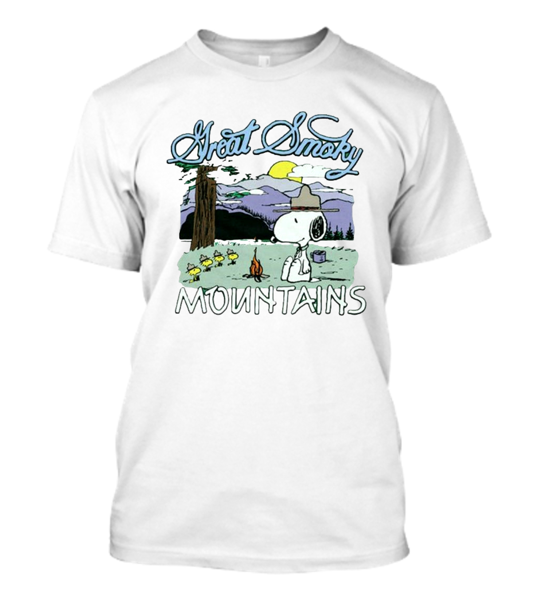 Snoopy Great Smoky Mountains Camping Scene With Woodstock Characters T-Shirt