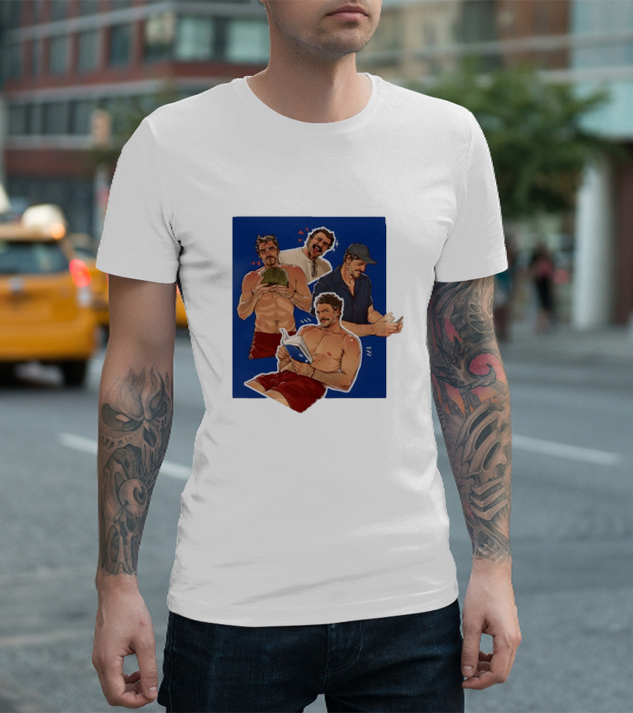 Pedro Pascal Humorous Illustrated Collage Reading and Relaxing Moments T-Shirt