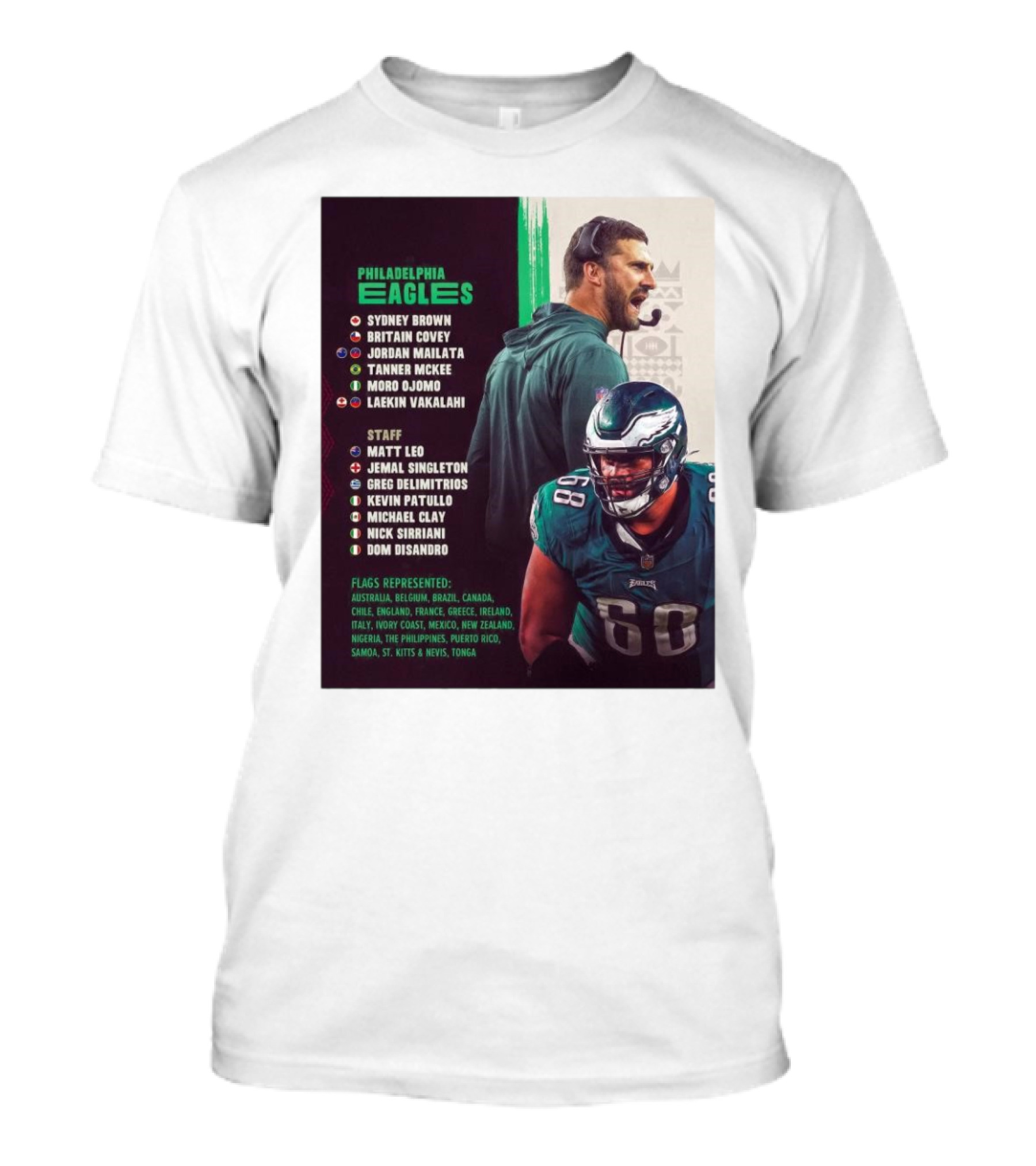 Philadelphia Eagles Sydney Brown Britain Covey Jordan Mailata NFL Heritage Super Bowl Staff Flags Represented T-Shirt