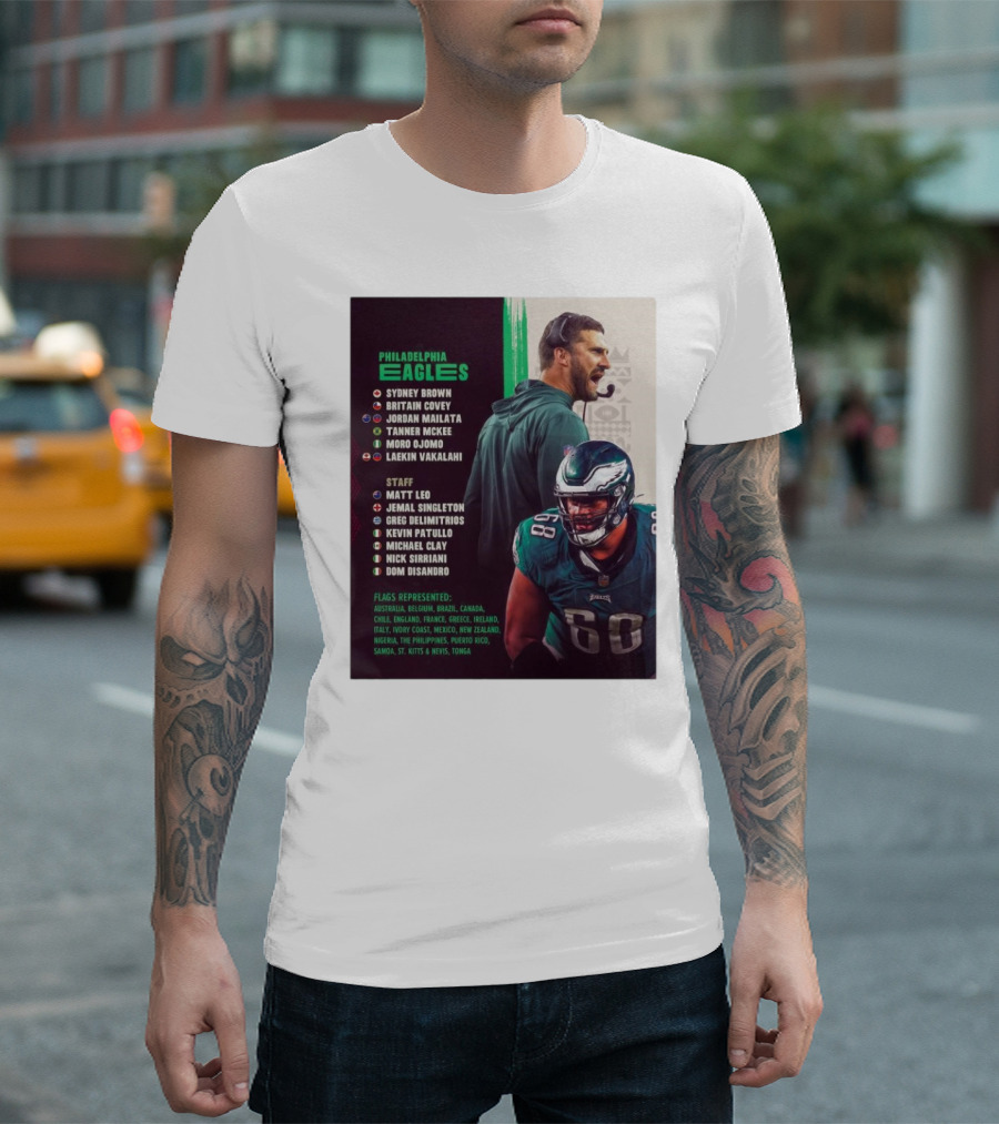 Philadelphia Eagles Sydney Brown Britain Covey Jordan Mailata NFL Heritage Super Bowl Staff Flags Represented T-Shirt