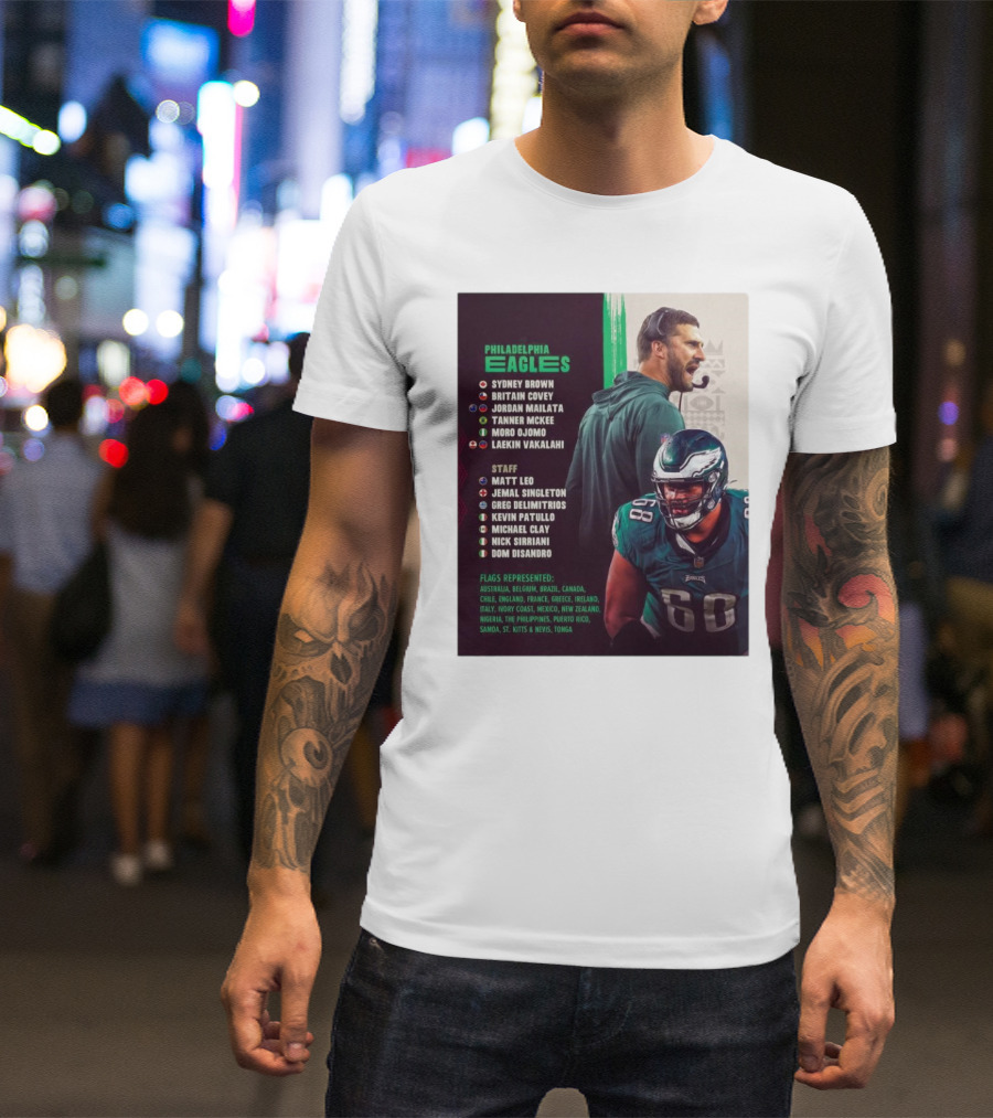 Philadelphia Eagles Sydney Brown Britain Covey Jordan Mailata NFL Heritage Super Bowl Staff Flags Represented T-Shirt