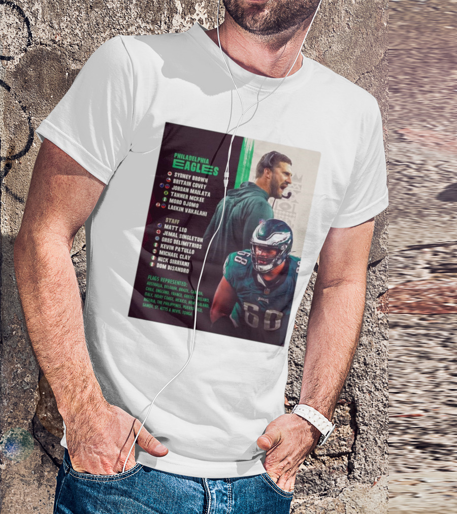 Philadelphia Eagles Sydney Brown Britain Covey Jordan Mailata NFL Heritage Super Bowl Staff Flags Represented T-Shirt