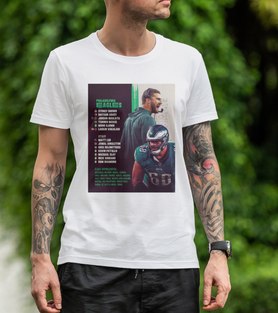 Philadelphia Eagles Sydney Brown Britain Covey Jordan Mailata NFL Heritage Super Bowl Staff Flags Represented T-Shirt