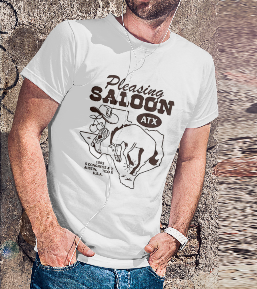 Pleasing Saloon ATX 1603 S Congress Ave Austin Texas USA Cowboy And Bull Texas Outline T-Shirt