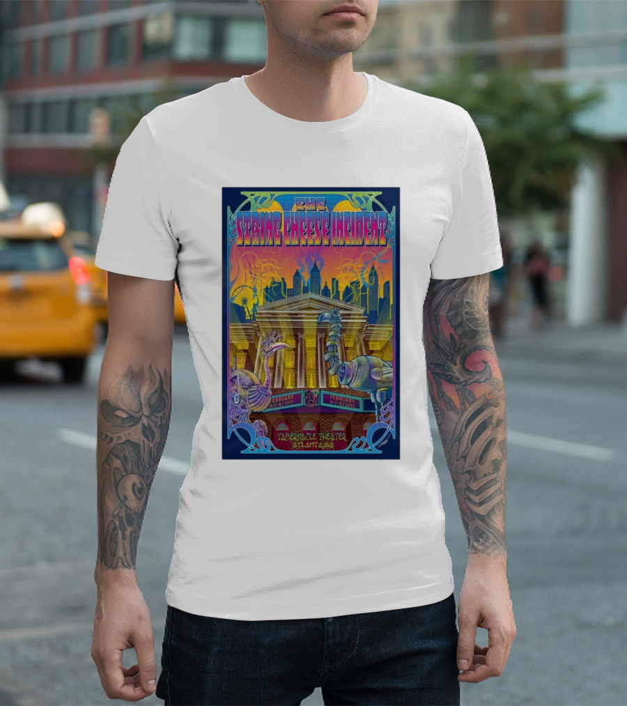The String Cheese Incident Tabernacle Theater Atlanta GA February 6-8 2025 Psychedelic With Vibrant Creatures And Cityscape T-Shirt