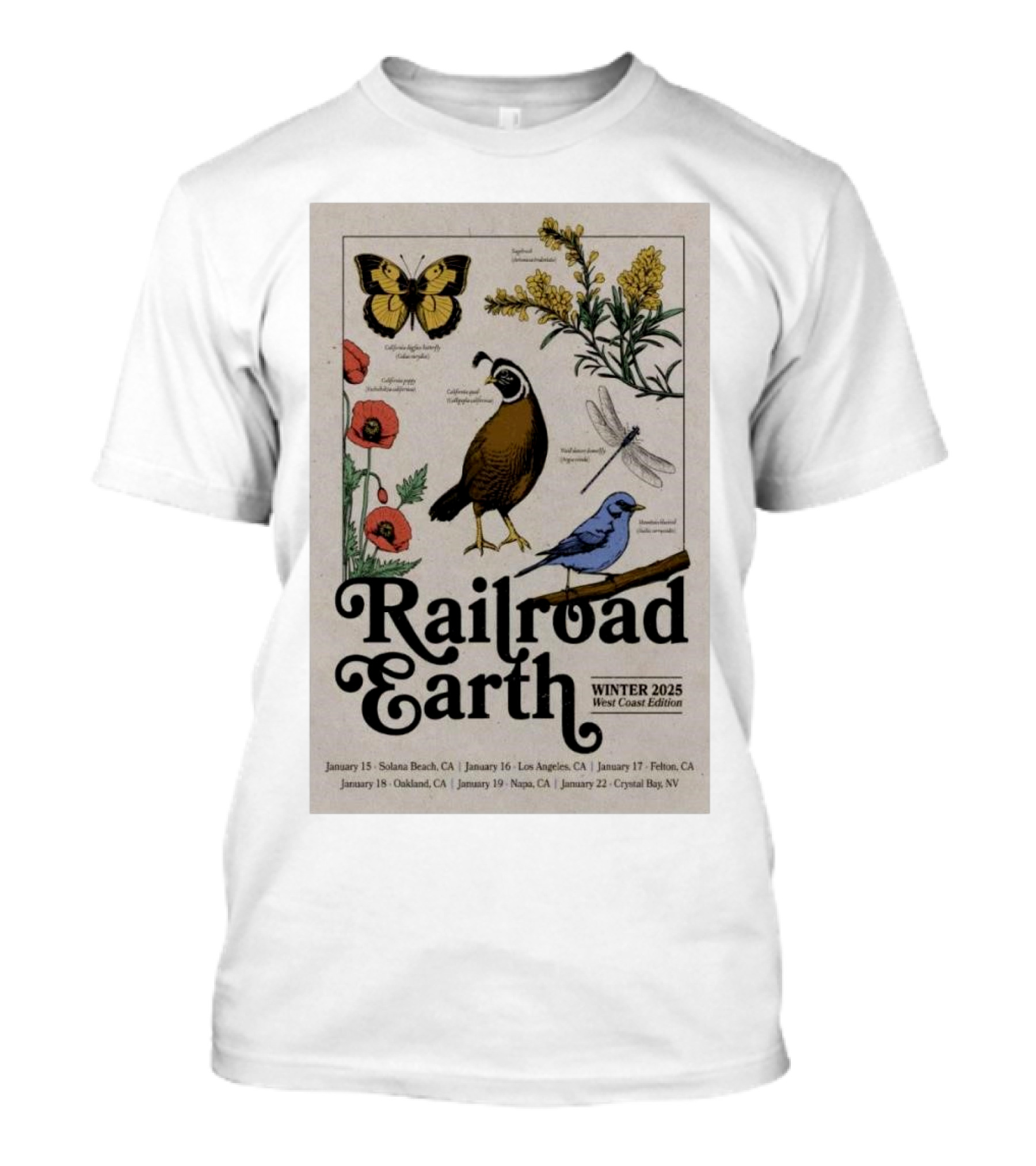 Railroad Earth Winter 2025 West Coast Edition Tour Solana Beach Los Angeles Felton Oakland Napa Crystal Bay T-Shirt