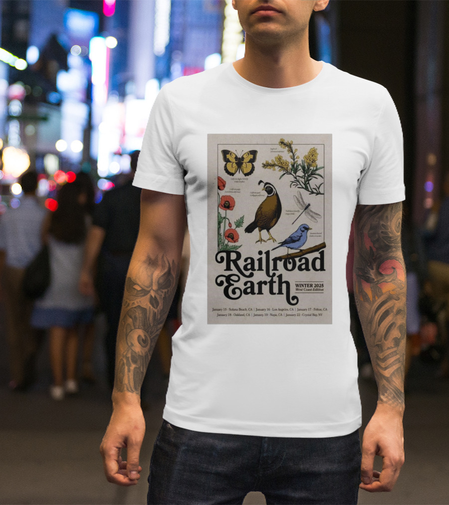 Railroad Earth Winter 2025 West Coast Edition Tour Solana Beach Los Angeles Felton Oakland Napa Crystal Bay T-Shirt