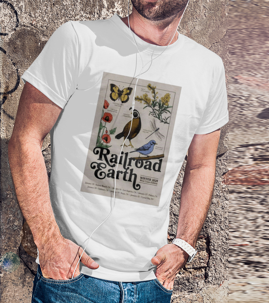 Railroad Earth Winter 2025 West Coast Edition Tour Solana Beach Los Angeles Felton Oakland Napa Crystal Bay T-Shirt