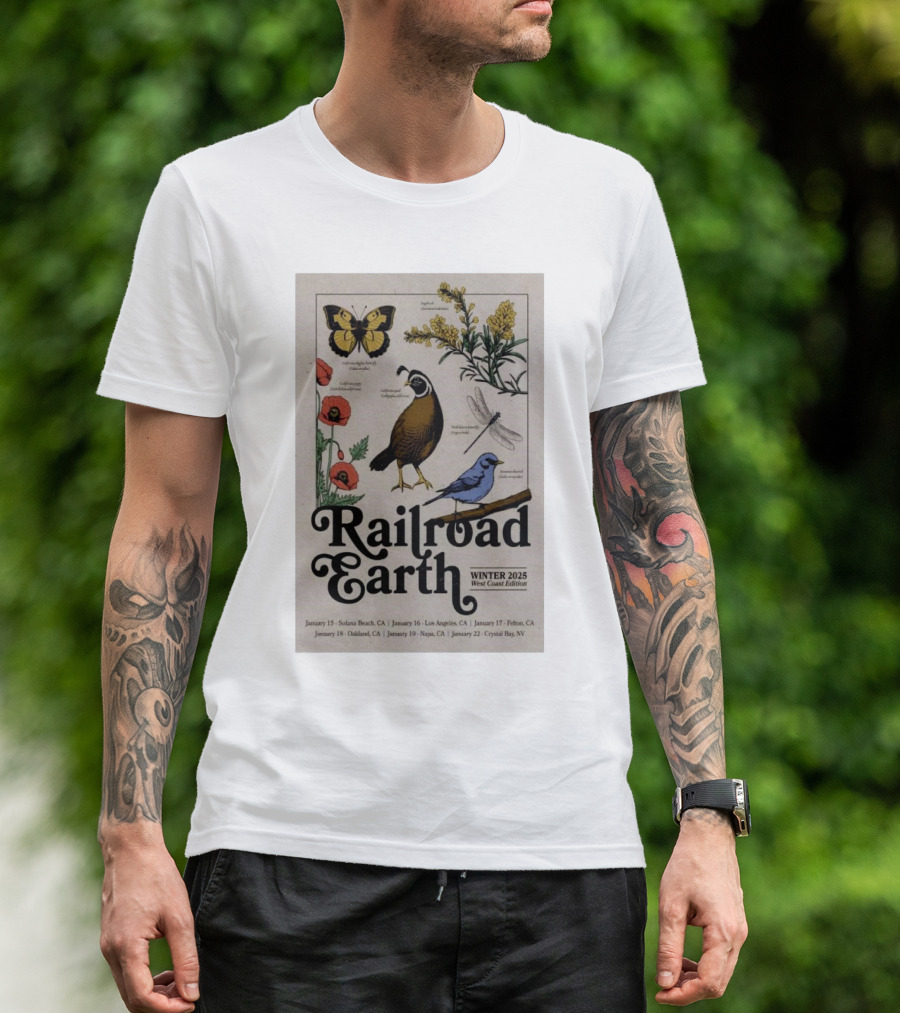 Railroad Earth Winter 2025 West Coast Edition Tour Solana Beach Los Angeles Felton Oakland Napa Crystal Bay T-Shirt