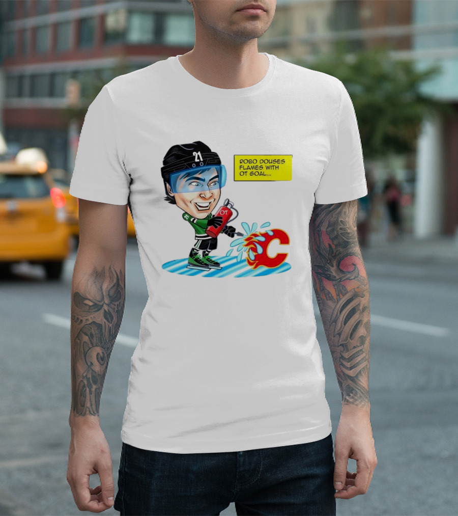 Robo Douses Flames with OT Goal Hockey Player Cartoon extinguishing Calgary Flame Logo T-Shirt