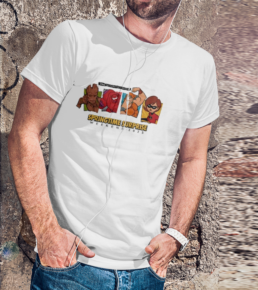 Run Disney Springtime Surprise Weekend 2025 Groot Baymax Hercules Elastigirl T-Shirt