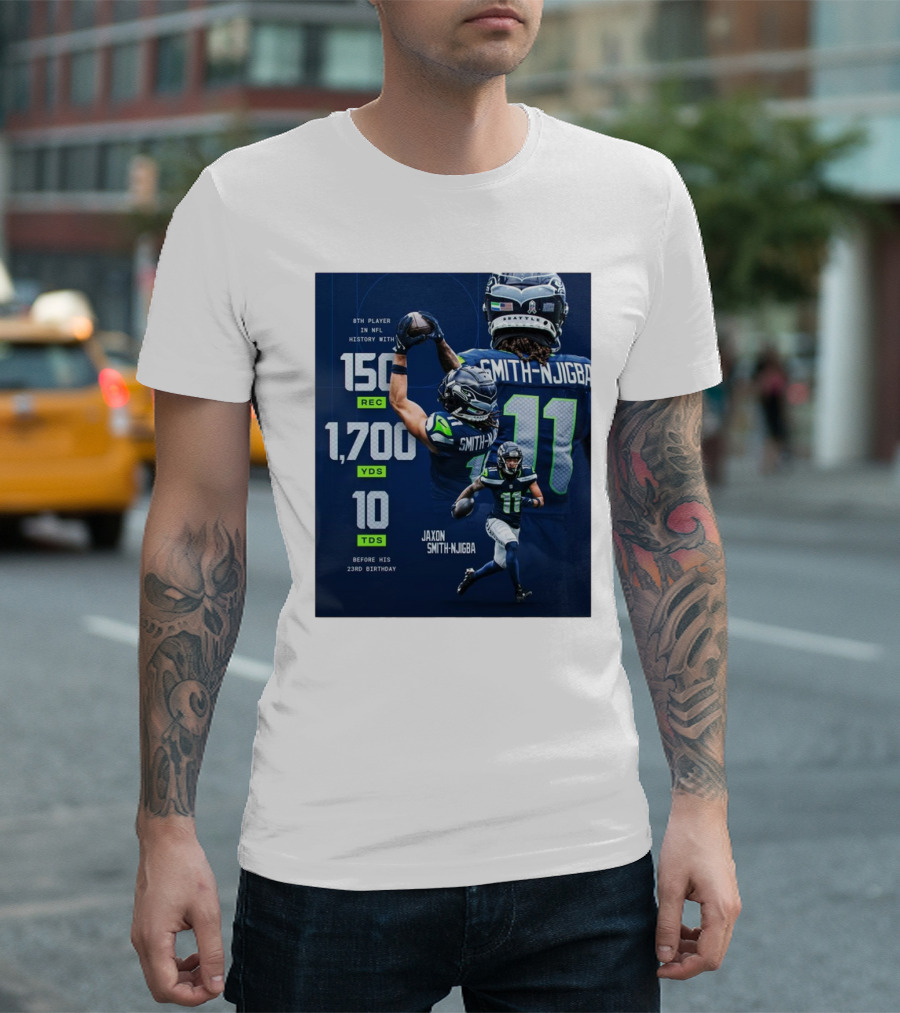 Seattle Seahawks Jaxon Smith-Njigba NFL 150 Rec 1700 Yds 10 TDs Milestone Before 23rd Birthday T-Shirt