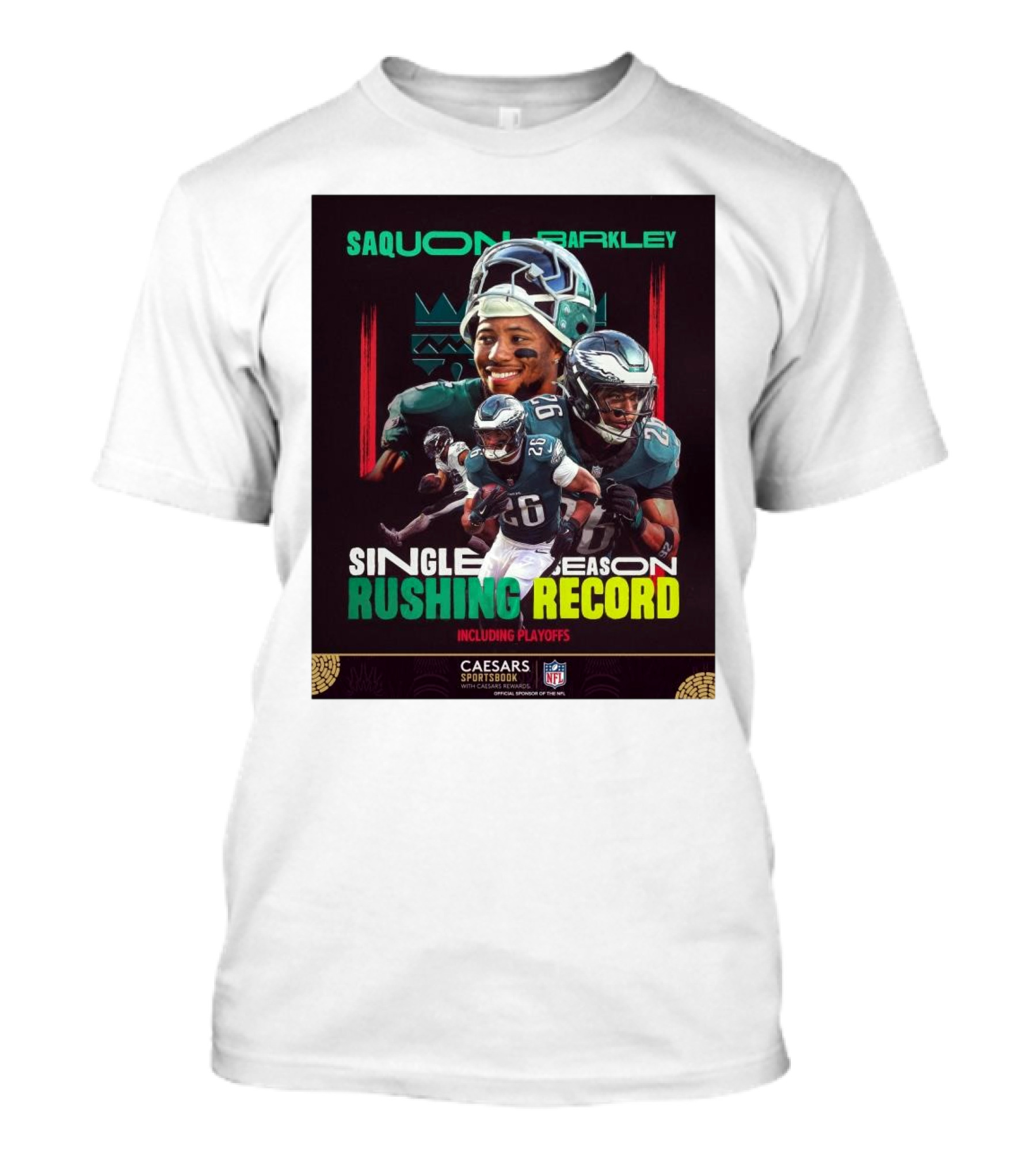 Saquon Barkley Single Season Rushing Record Including Playoffs Philadelphia Eagles Caesars Sportsbook NFL T-Shirt