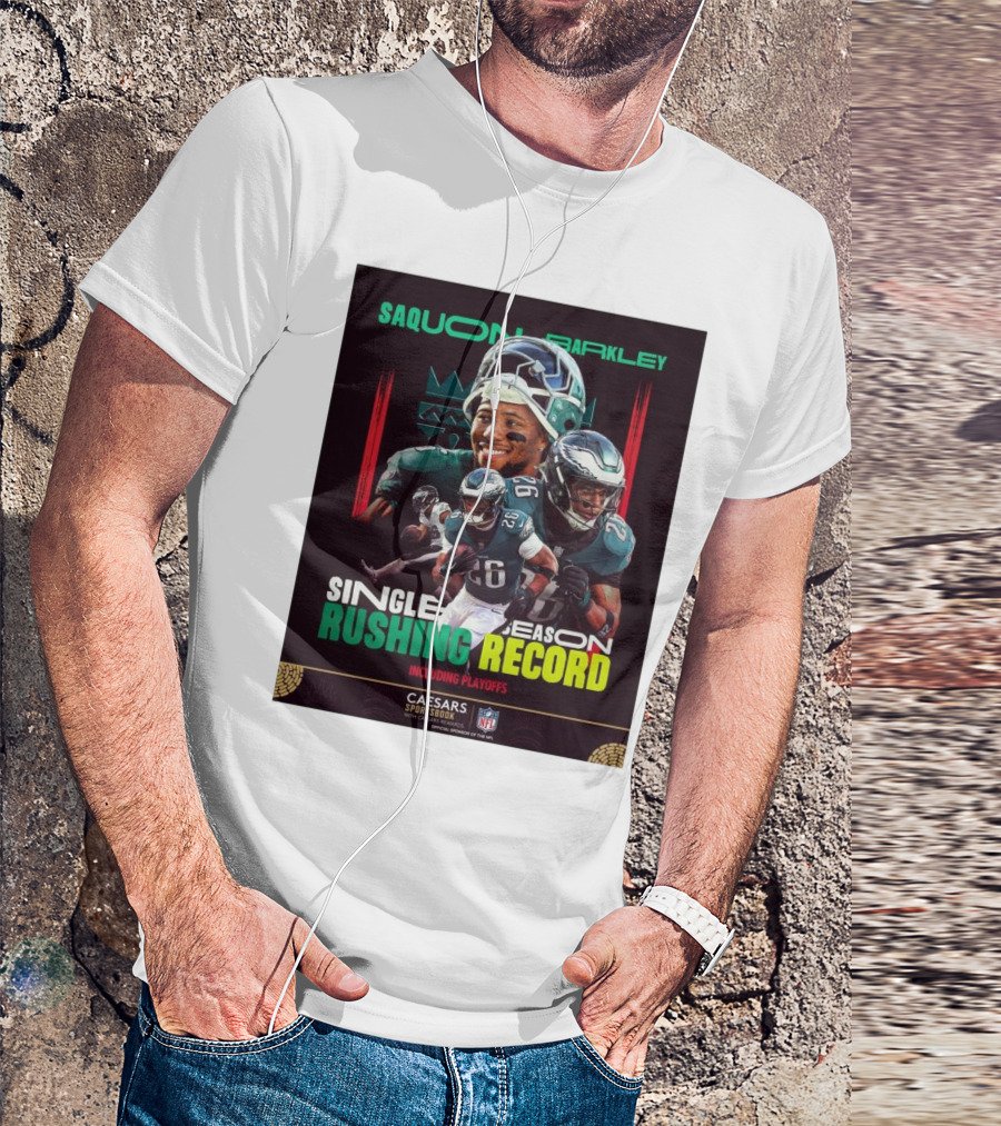 Saquon Barkley Single Season Rushing Record Including Playoffs Philadelphia Eagles Caesars Sportsbook NFL T-Shirt