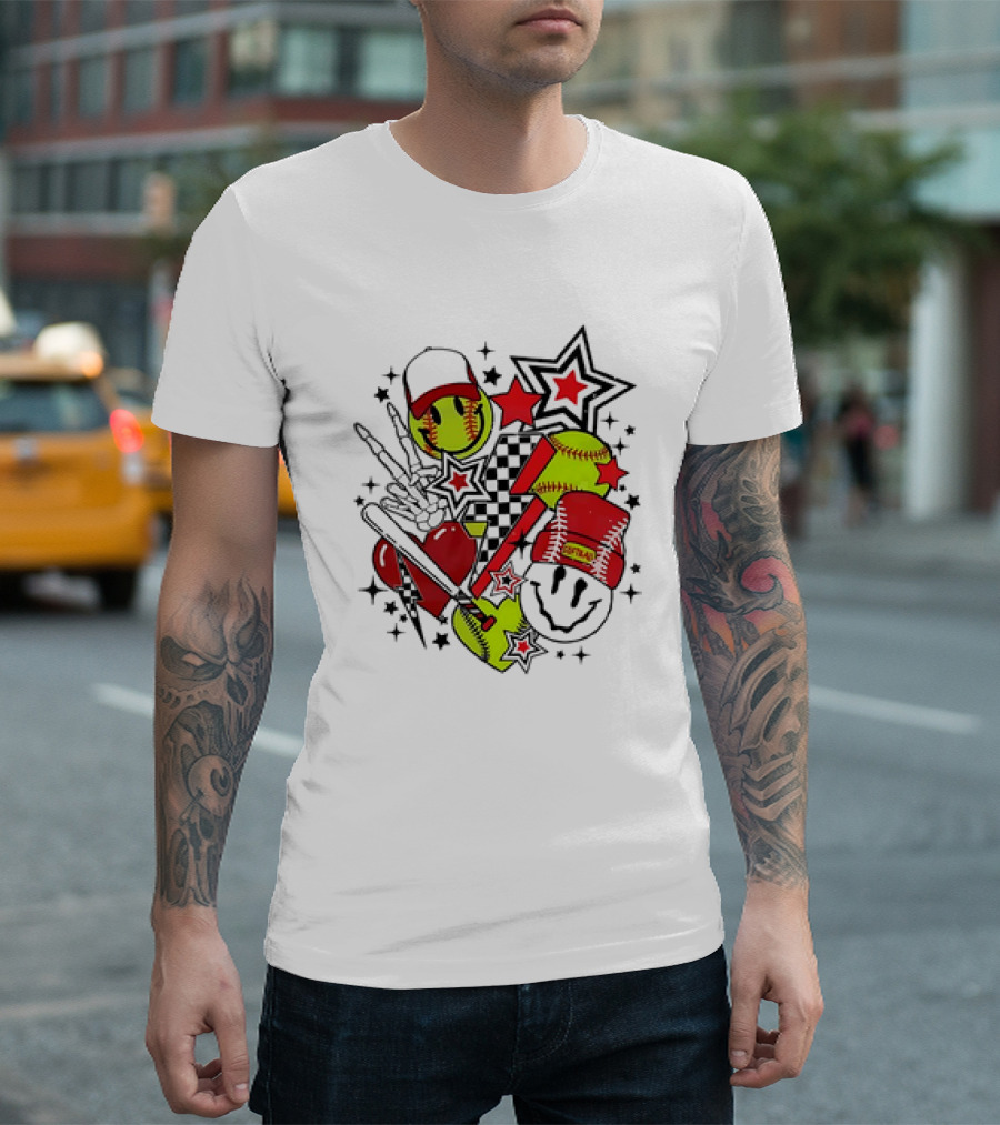 Softball Smiley Face Devil Cap Bats and Stars Retro T-Shirt